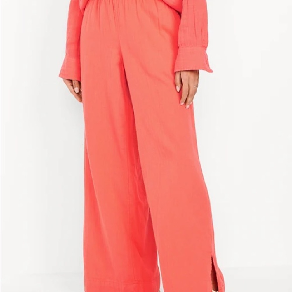 Crinkle Gauze Coral Wide-Leg Pants - Picture 5 of 7